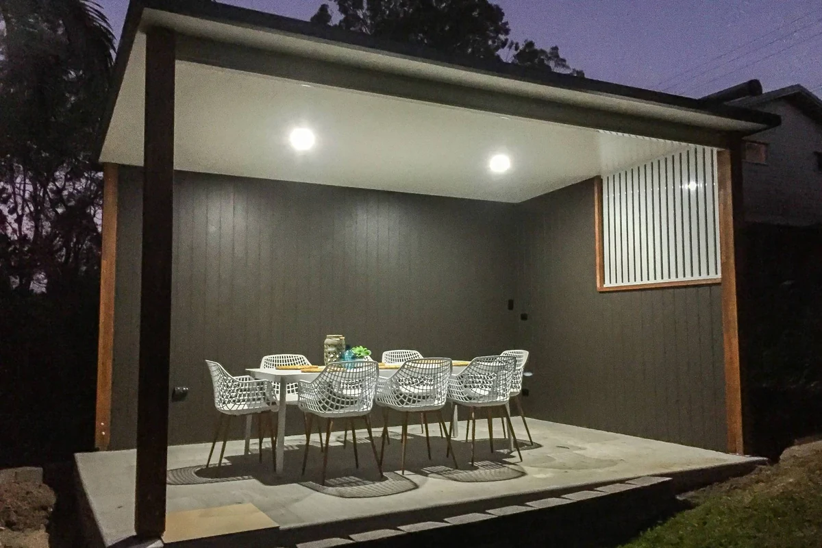Freestanding patio with integrated lighting and power