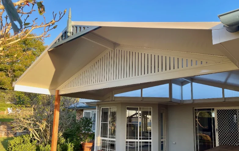 Open gable patio roof showing the exposed pitch