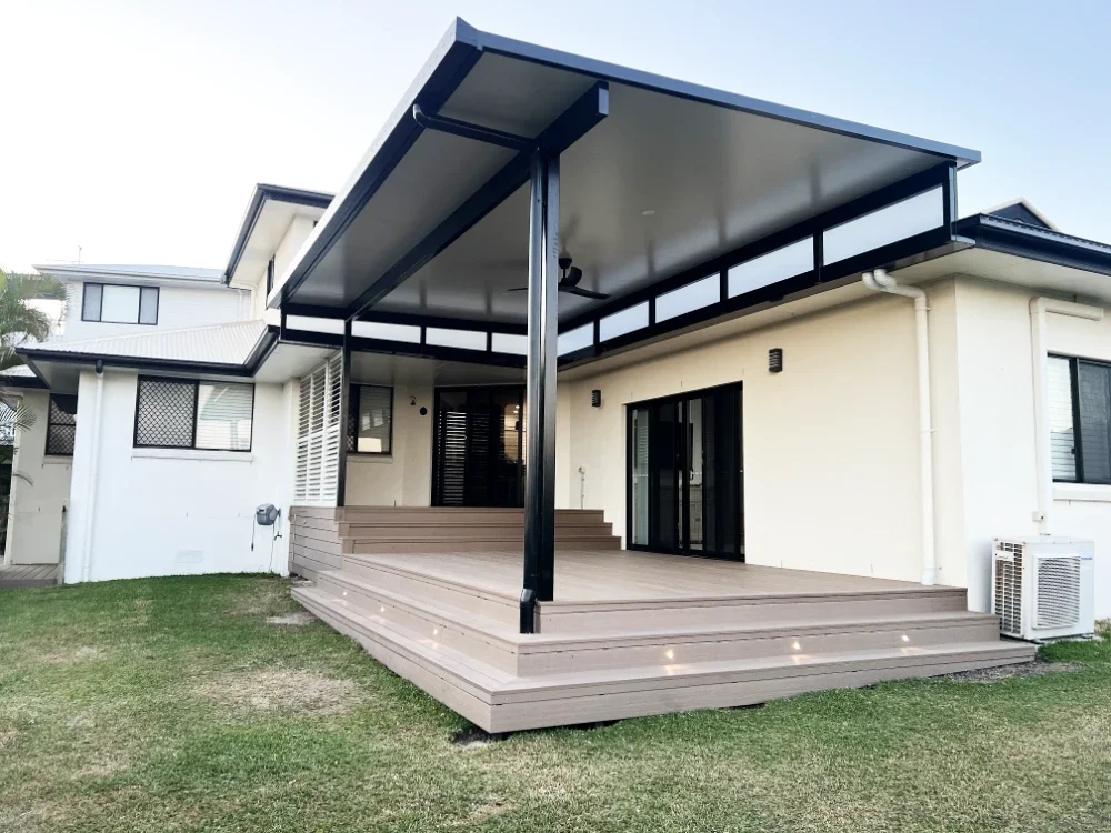 Box gutter flyover patio over a paved entertaining area
