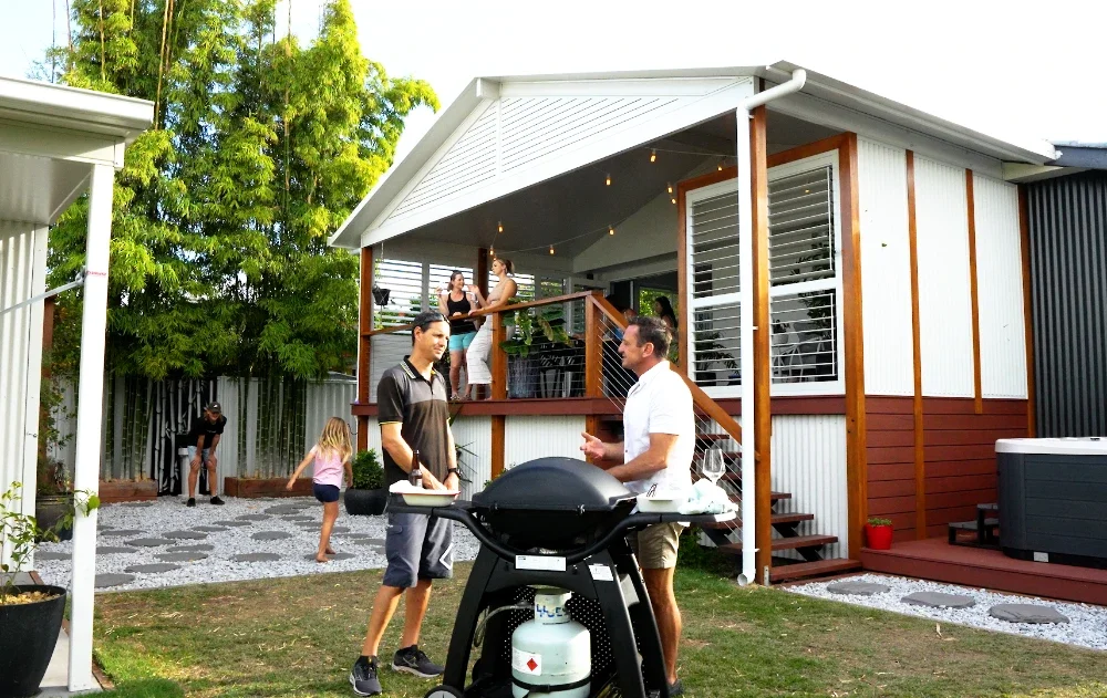 Gable patio with an open pitched roof over an outdoor area